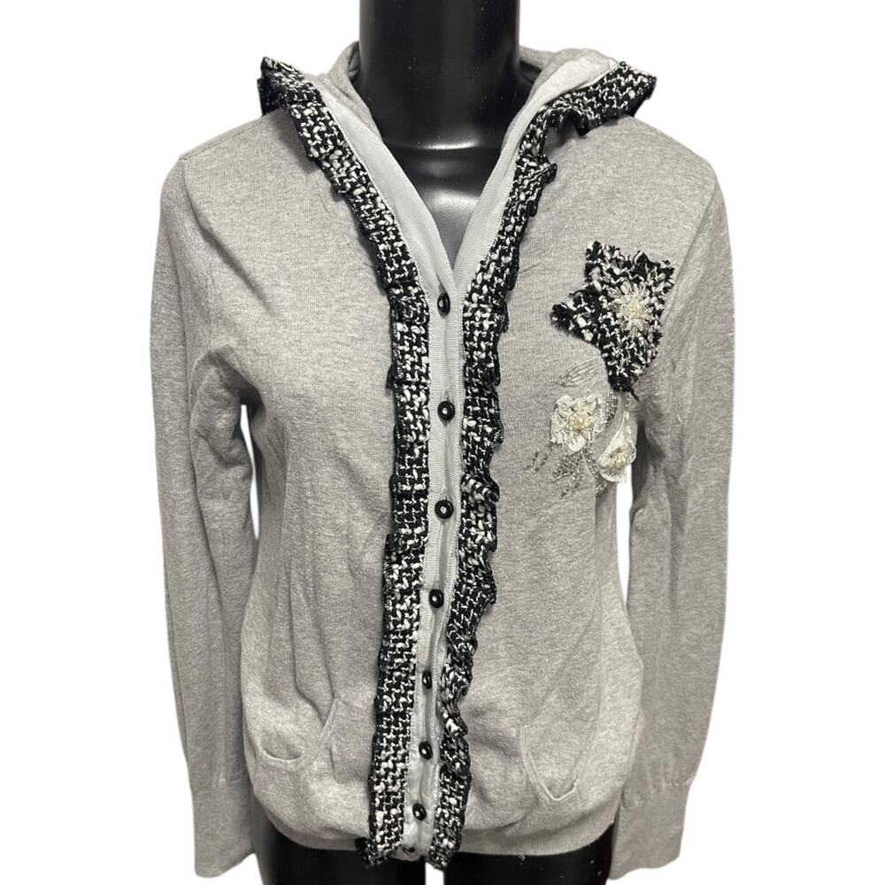 Large Charlotte Womens Gray Cardigan Sweater Hooded Cotton Rosettes - Picture 2 of 12